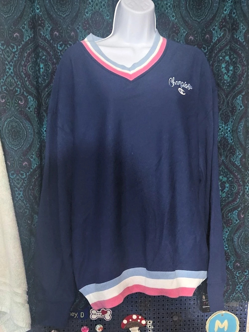 Champion V-Neck Pullover Blue & Pink Size Small